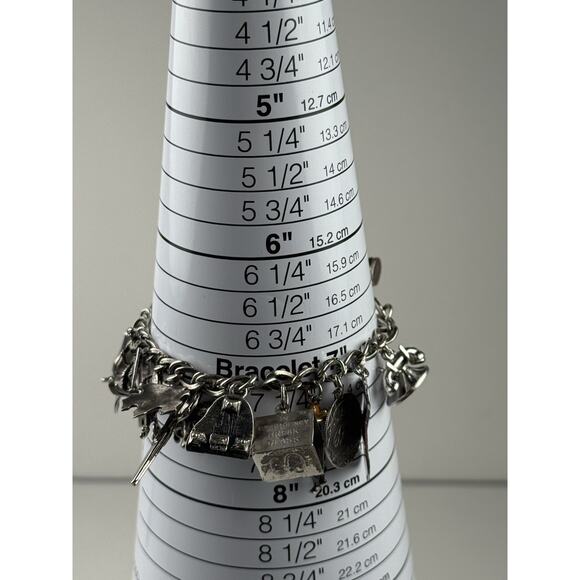 Vintage Sterling Silver Charm Bracelet 7.5" 25 Charms Travel Religious Phone - Picture 9 of 10